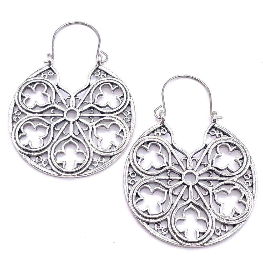 Silver Boho Mandala Style Open Round Detailed Dangling Drop Hinged Hook Earrings